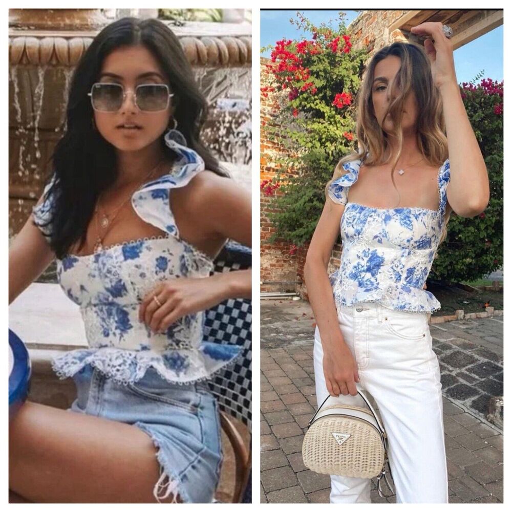V. Chapman Provence Corset Bustier Top French Blue Floral Ruffle Lace Sz 0